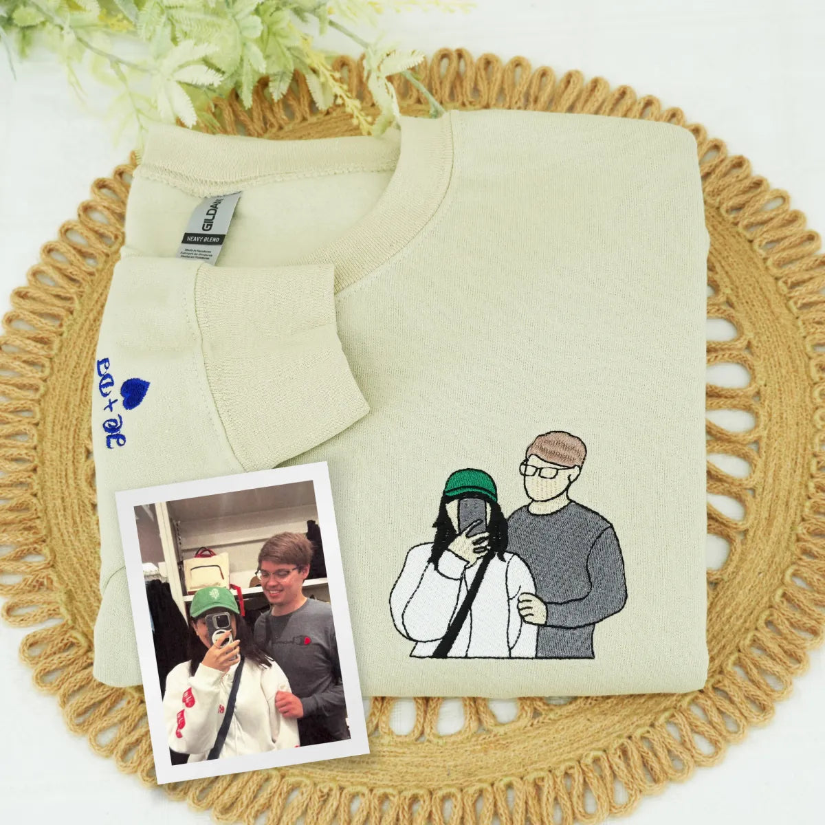 Custom Embroidered Anniversary Sweatshirt & Hoodie with Full-Color Couple Portrait – Personalized Gift