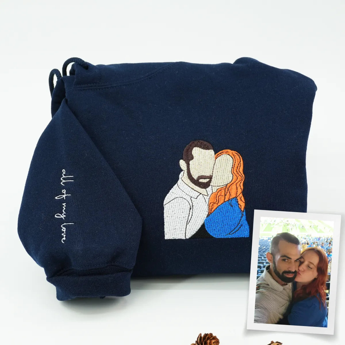 Custom Embroidered Anniversary Sweatshirt & Hoodie with Full-Color Couple Portrait – Personalized Gift