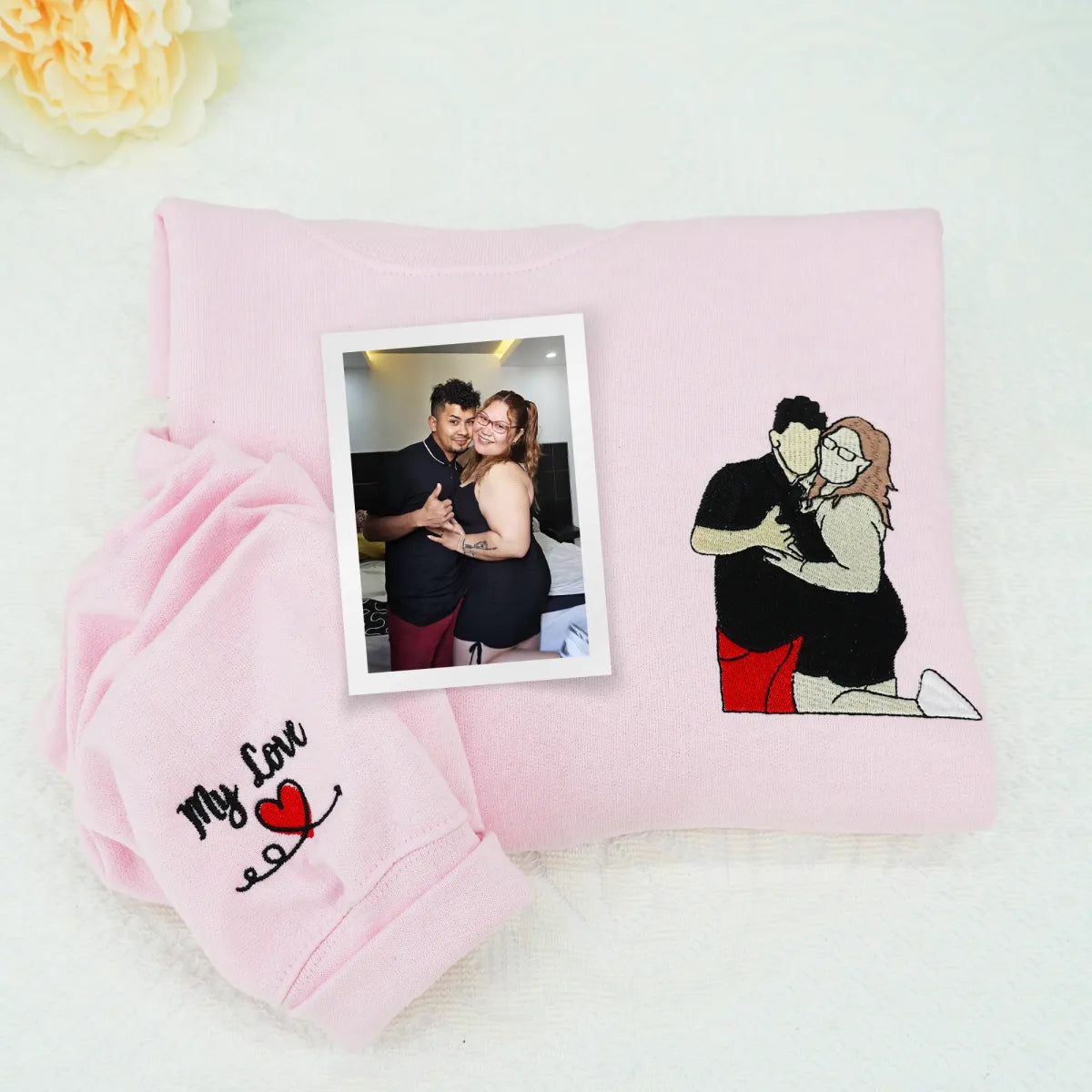 Custom Embroidered Anniversary Sweatshirt & Hoodie with Full-Color Couple Portrait – Personalized Gift