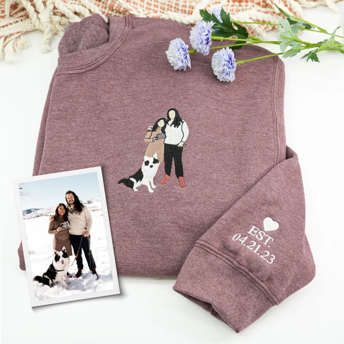 Custom Embroidered Anniversary Sweatshirt & Hoodie with Full-Color Couple Portrait – Personalized Gift