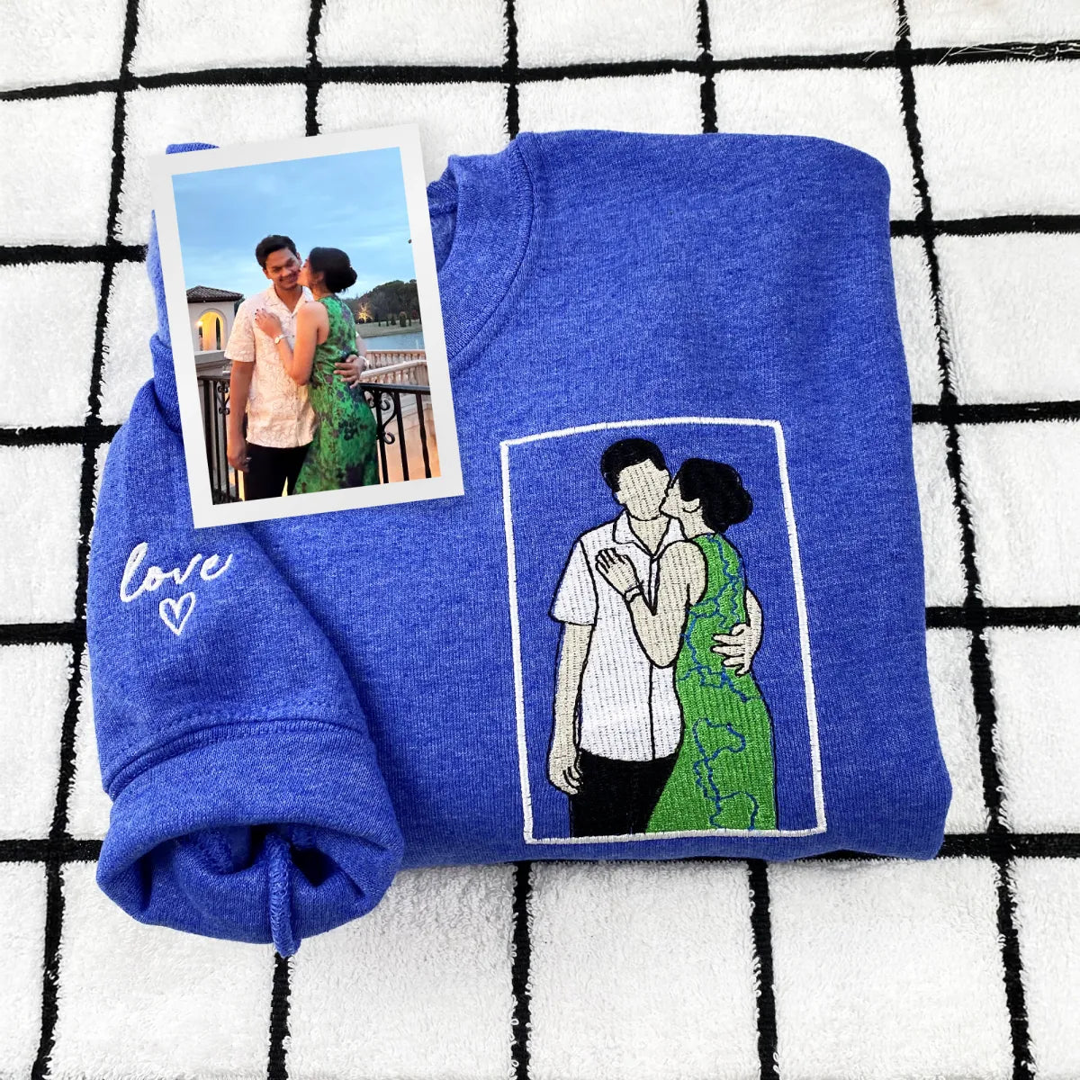 Custom Embroidered Anniversary Sweatshirt & Hoodie with Full-Color Couple Portrait – Personalized Gift