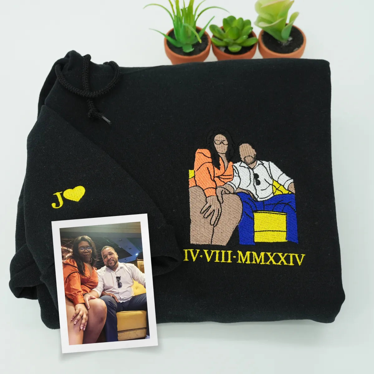 Custom Embroidered Roman Numeral Sweatshirts & Hoodies with Photo Portrait – Personalized Couple Gift