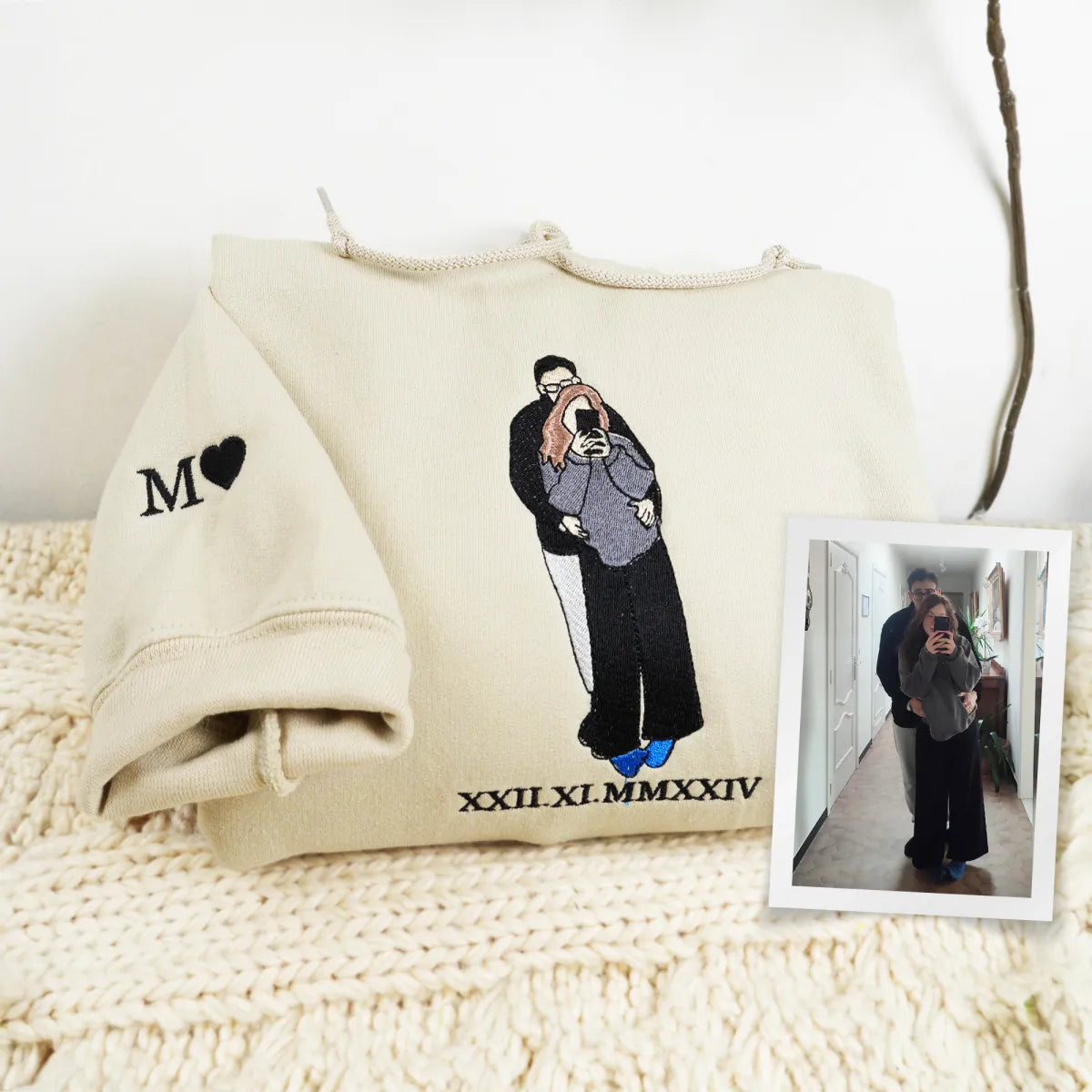 Custom Embroidered Roman Numeral Sweatshirts & Hoodies with Photo Portrait – Personalized Couple Gift