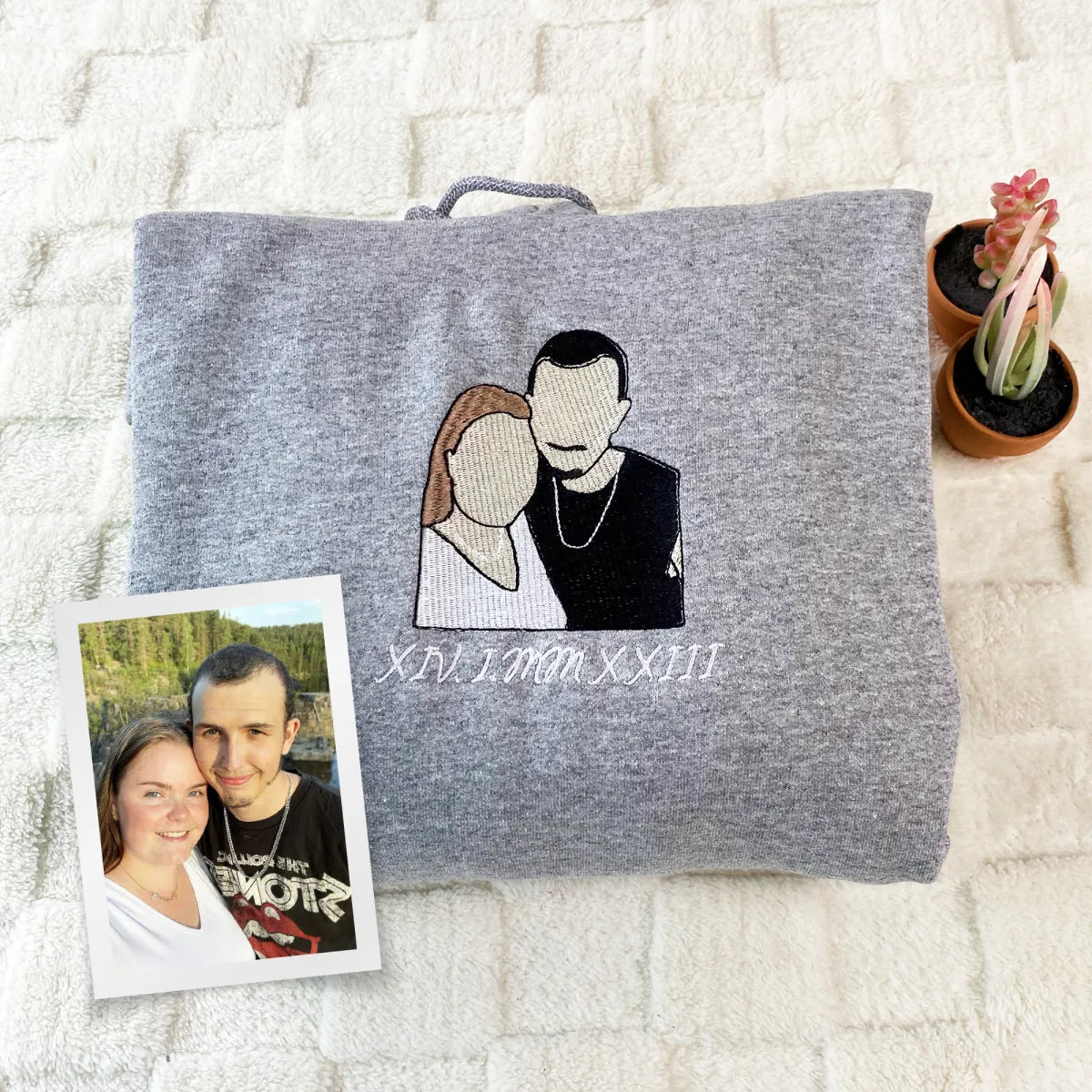 Custom Embroidered Roman Numeral Sweatshirts & Hoodies with Photo Portrait – Personalized Couple Gift