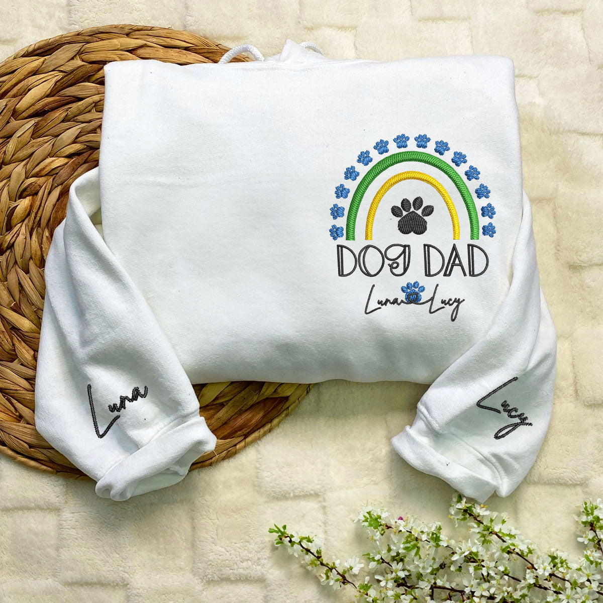 Custom Embroidered Dog Dad Rainbow with Names Hoodie