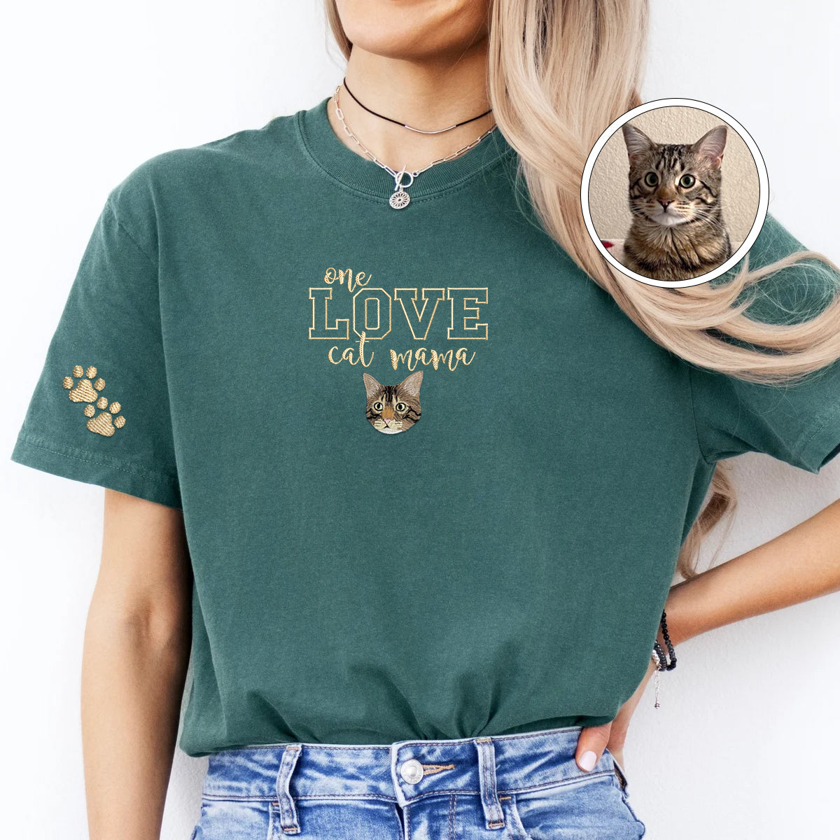 Custom Embroidered One Love Cat Mama T-Shirt