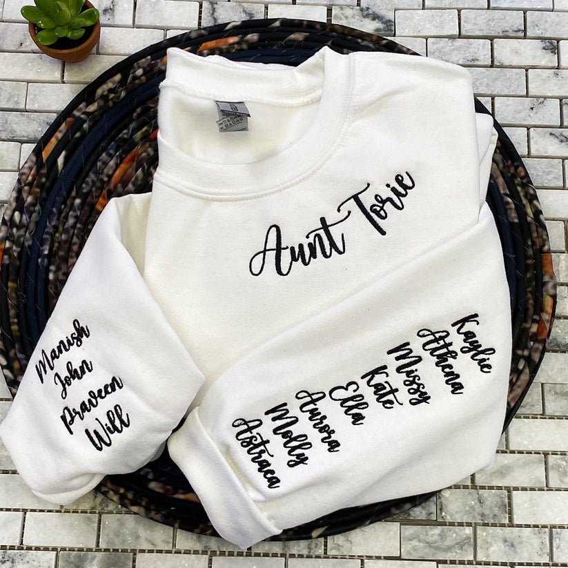 Custom Embroidered Aunt Sweatshirt & Hoodie with Names on Sleeve – Personalized Gift for Aunts