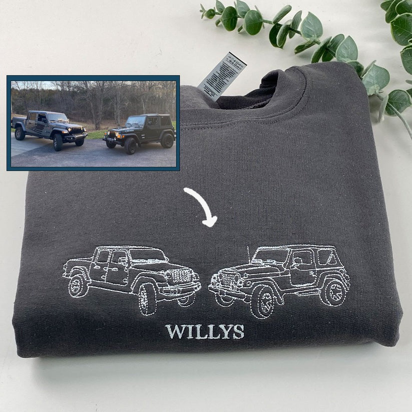 Custom Embroidered Car Outline Sweatshirt & Hoodie from Photo with Initials on Sleeve