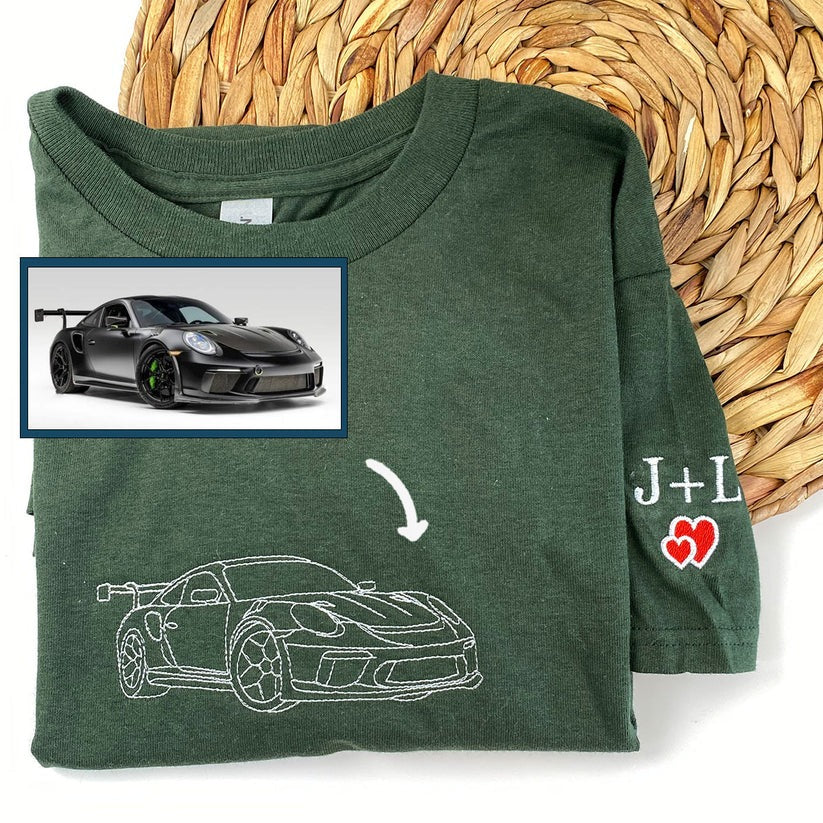 Custom Embroidered Car Outline Sweatshirt & Hoodie from Photo with Initials on Sleeve