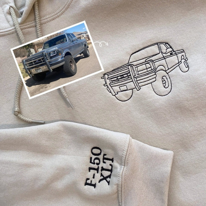 Custom Embroidered Car Outline Sweatshirt & Hoodie from Photo with Initials on Sleeve