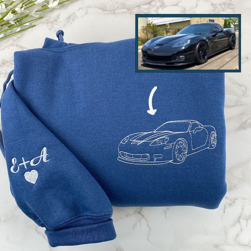 Custom Embroidered Car Outline Sweatshirt & Hoodie from Photo with Initials on Sleeve