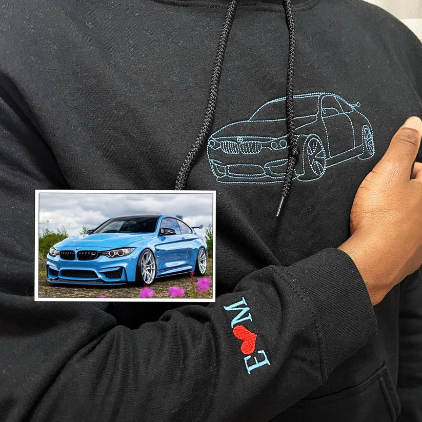 Custom Embroidered Car Outline Sweatshirt & Hoodie from Photo with Initials on Sleeve