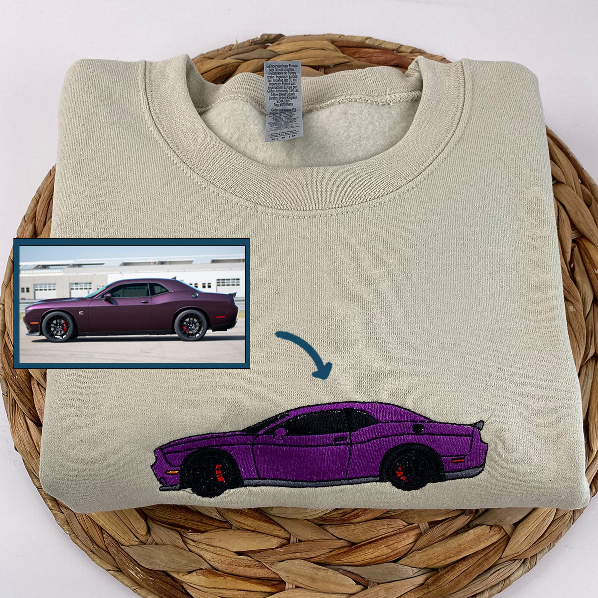 Custom Embroidered Car Portrait Sweatshirt - Personalized Vehicle Photo Hoodie Gift for Car Enthusiasts