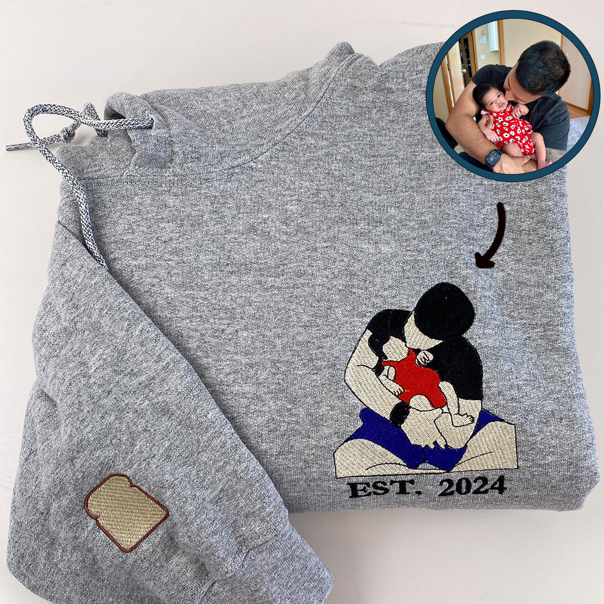 Custom Embroidered Dad Daughter Portrait Sweatshirt Hoodie - Personalized Initial on Sleeve Gift