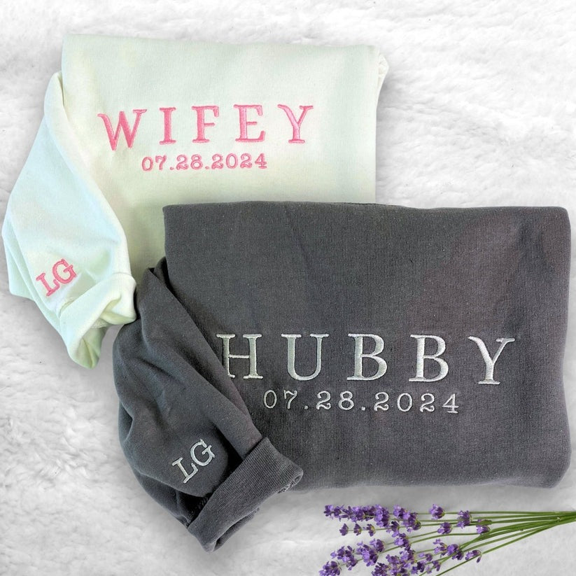Custom Embroidered Hubby & Wifey Sweatshirt & Hoodie - Anniversary Gift