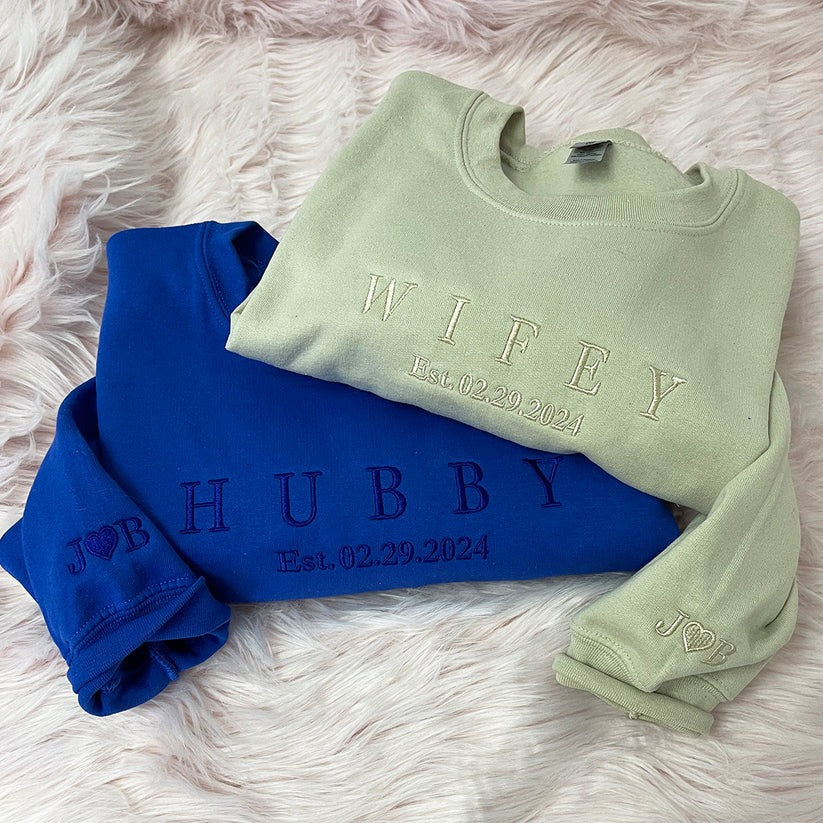 Custom Embroidered Hubby & Wifey Sweatshirt & Hoodie - Anniversary Gift