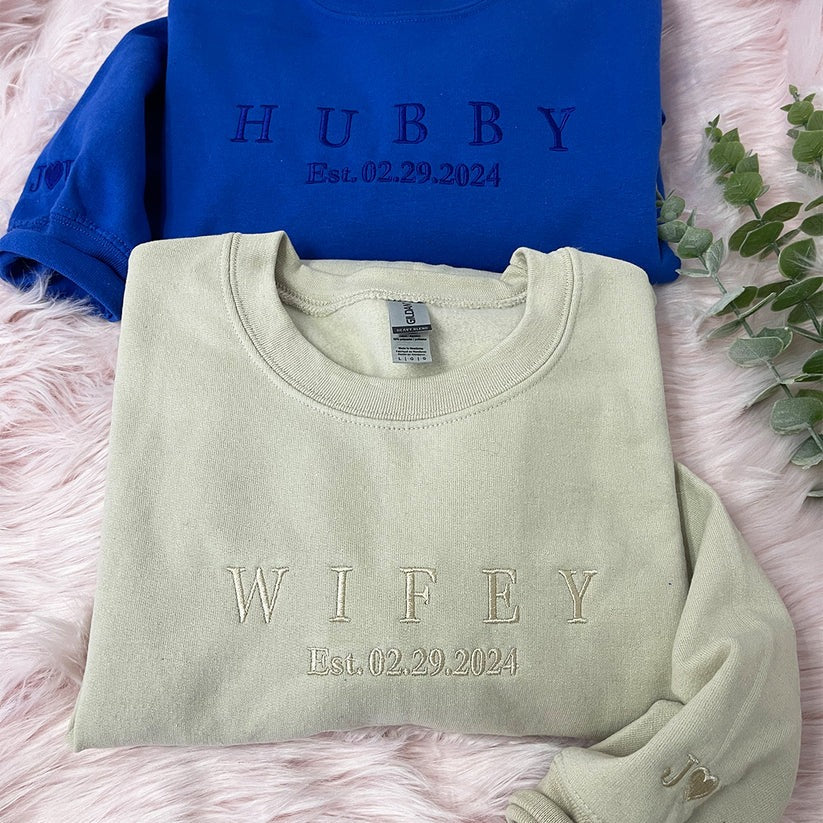 Custom Embroidered Hubby & Wifey Sweatshirt & Hoodie - Anniversary Gift