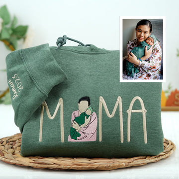 Custom Embroidered Mama Portrait Sweatshirt & Hoodie with Initial on Sleeve
