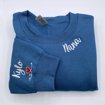 Custom Embroidered Nana Neckline Sweatshirt & Hoodie with Kids Names on Sleeve – Personalized Grandma Gift