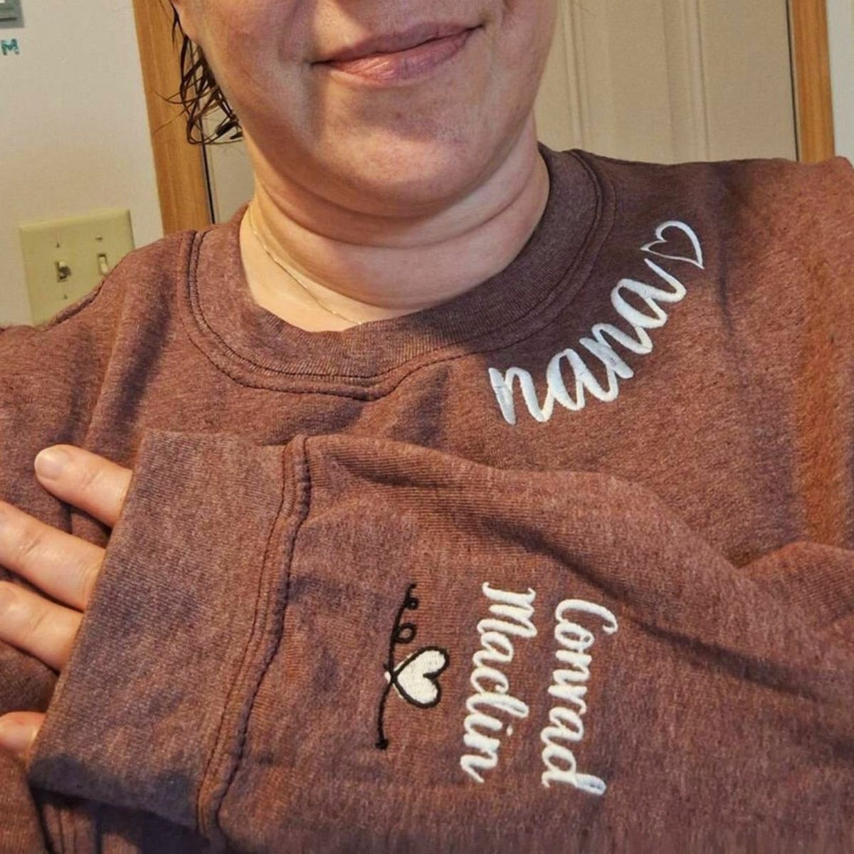 Custom Embroidered Nana Neckline Sweatshirt & Hoodie with Kids Names on Sleeve – Personalized Grandma Gift