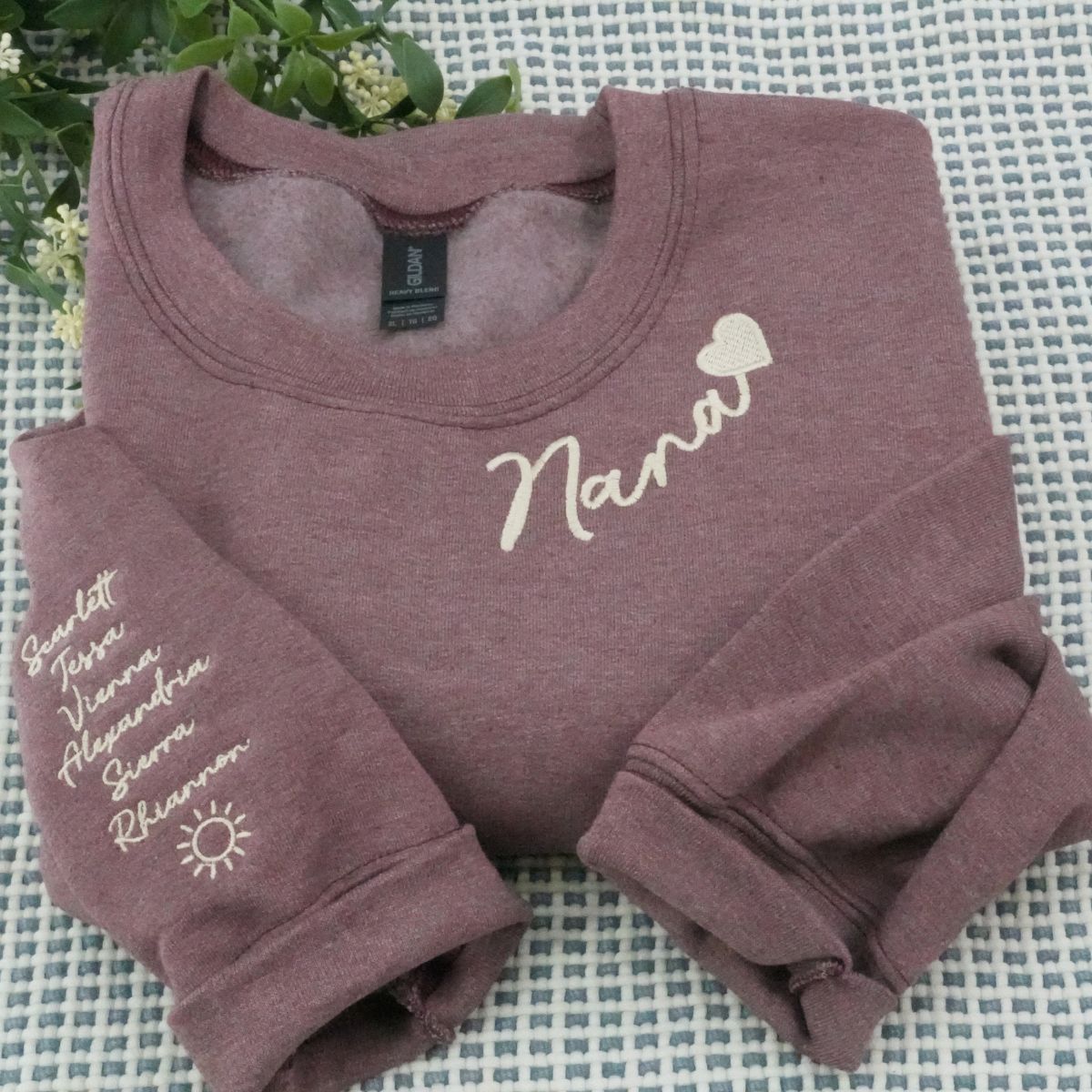 Custom Embroidered Nana Neckline Sweatshirt & Hoodie with Kids Names on Sleeve – Personalized Grandma Gift