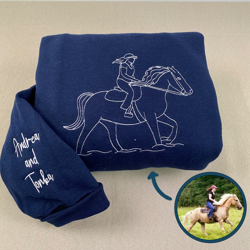Custom Embroidered Outline Horse Sweatshirt & Hoodie from Your Photo – Gift for Horse Lovers