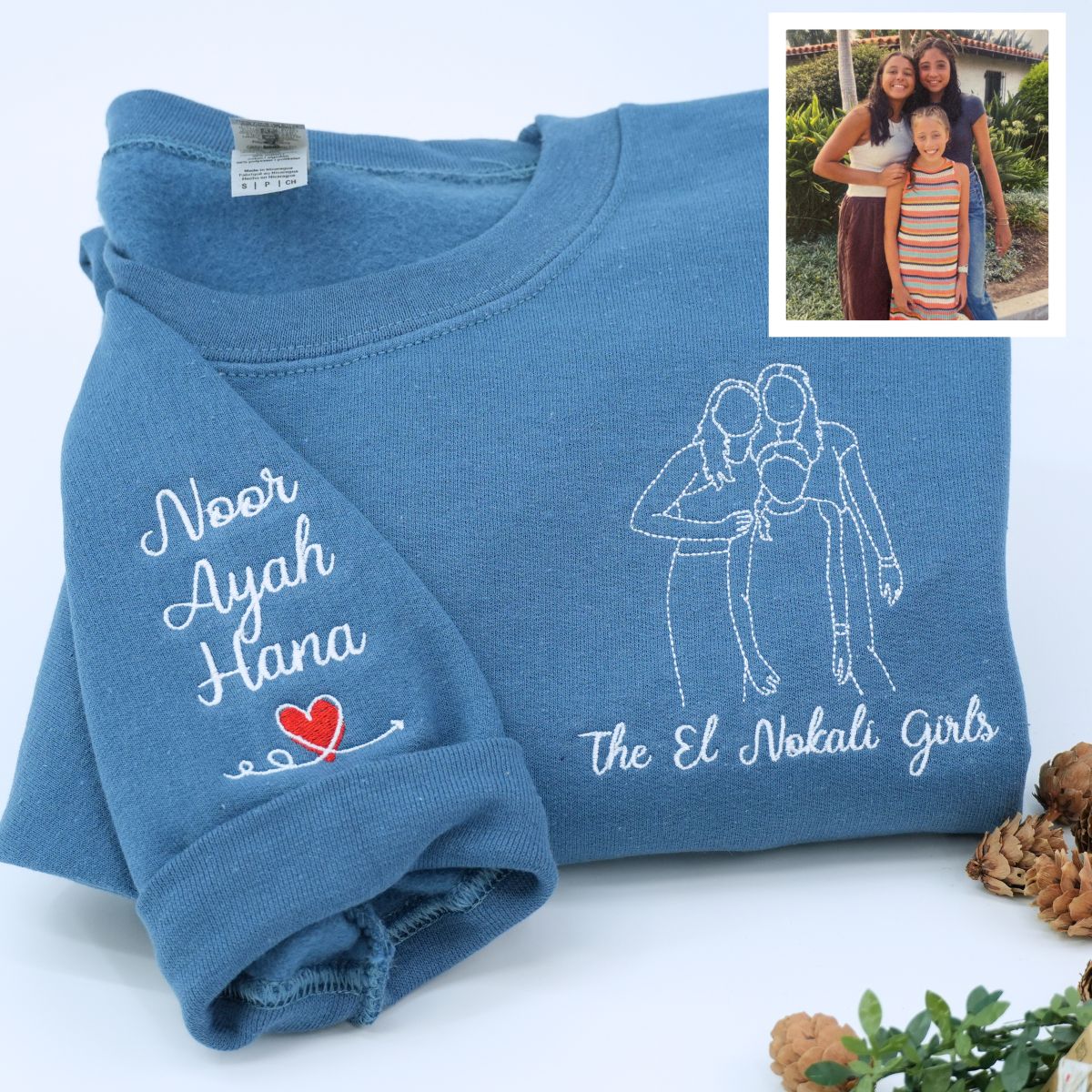 Custom Embroidered Sister Sweatshirt & Hoodie – Personalized Portrait Gift for Sister