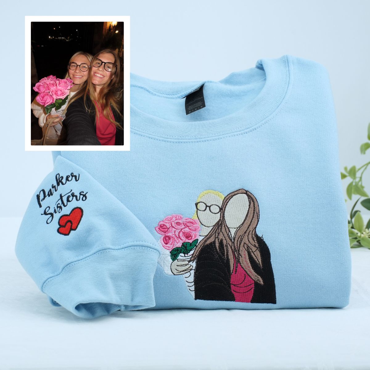 Custom Embroidered Sister Portrait Sweatshirt - Full-Color Personalized Hoodie Photo Gift