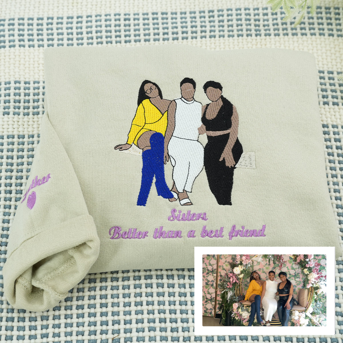 Custom Embroidered Sister Portrait Sweatshirt - Full-Color Personalized Hoodie Photo Gift