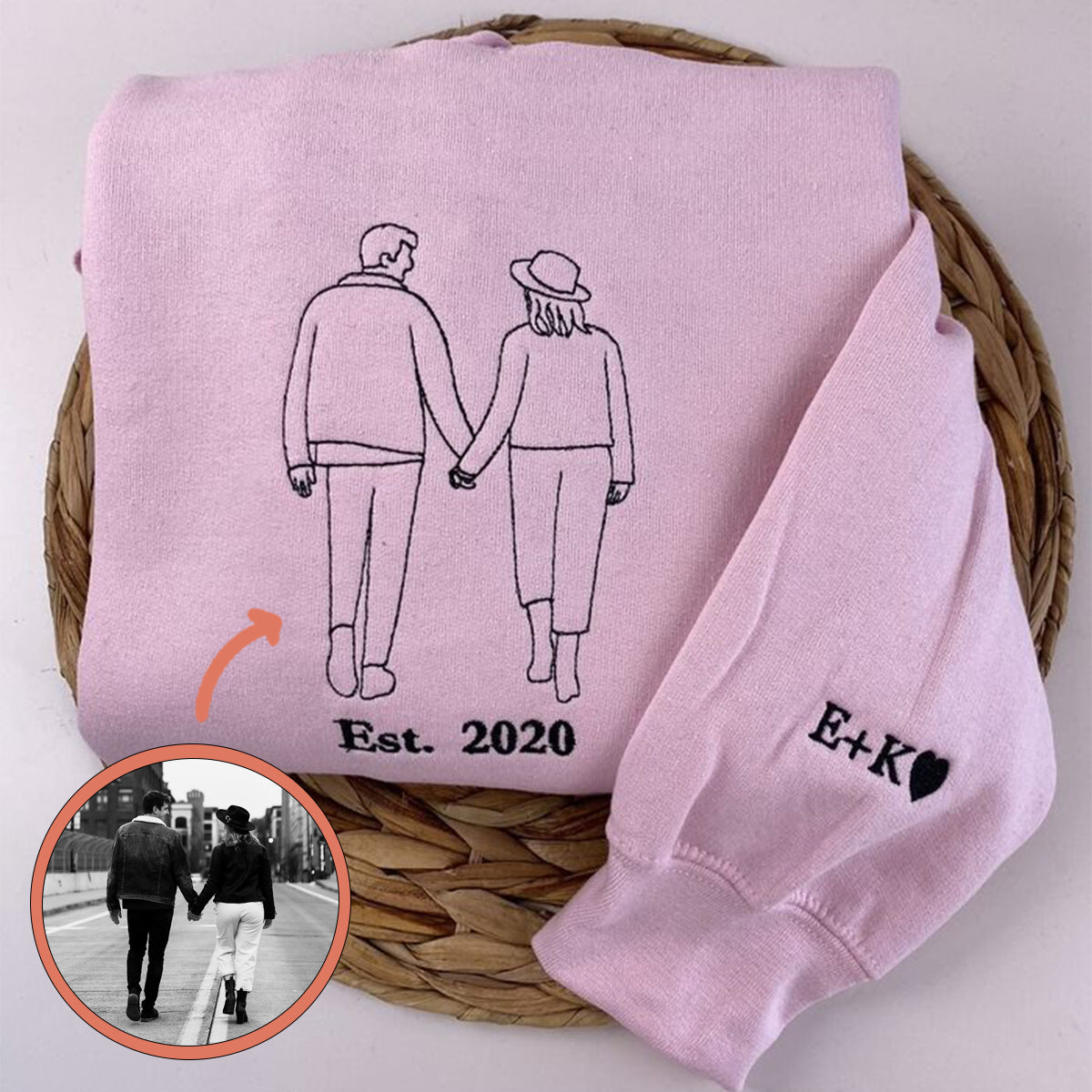 Custom Embroidered Roman Numeral Sweatshirts & Hoodies with Boyfriend & Girlfriend Portrait Outline – Personalized Gift