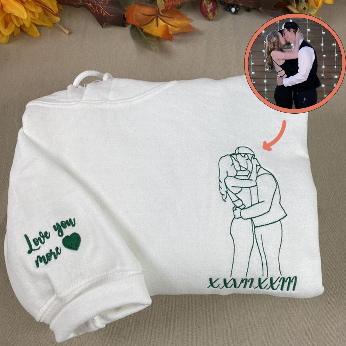 Custom Embroidered Roman Numeral Sweatshirts & Hoodies with Boyfriend & Girlfriend Portrait Outline – Personalized Gift