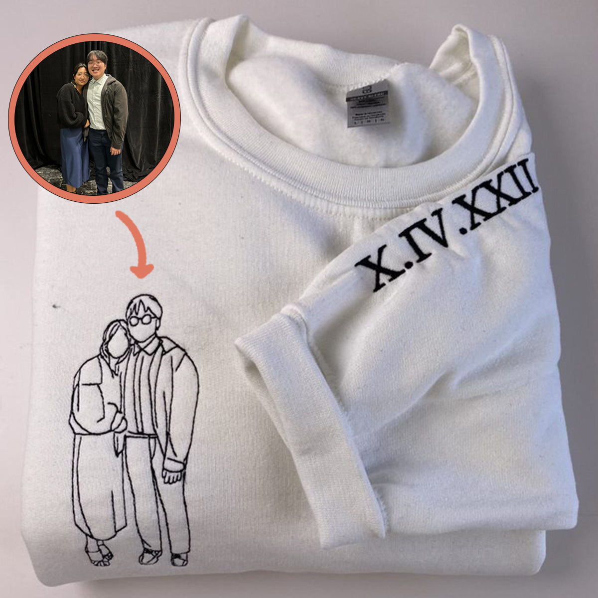 Custom Embroidered Roman Numeral Sweatshirts & Hoodies with Boyfriend & Girlfriend Portrait Outline – Personalized Gift