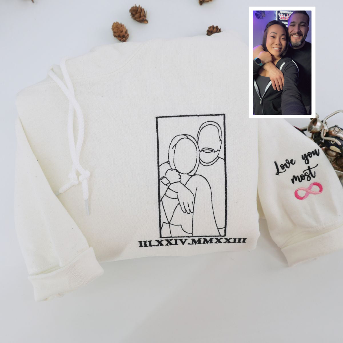 Custom Embroidered Roman Numeral Sweatshirts & Hoodies with Boyfriend & Girlfriend Portrait Outline – Personalized Gift