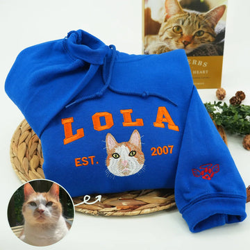 Personalized Varsity Cat Face Embroidered Hoodie with Cat Name