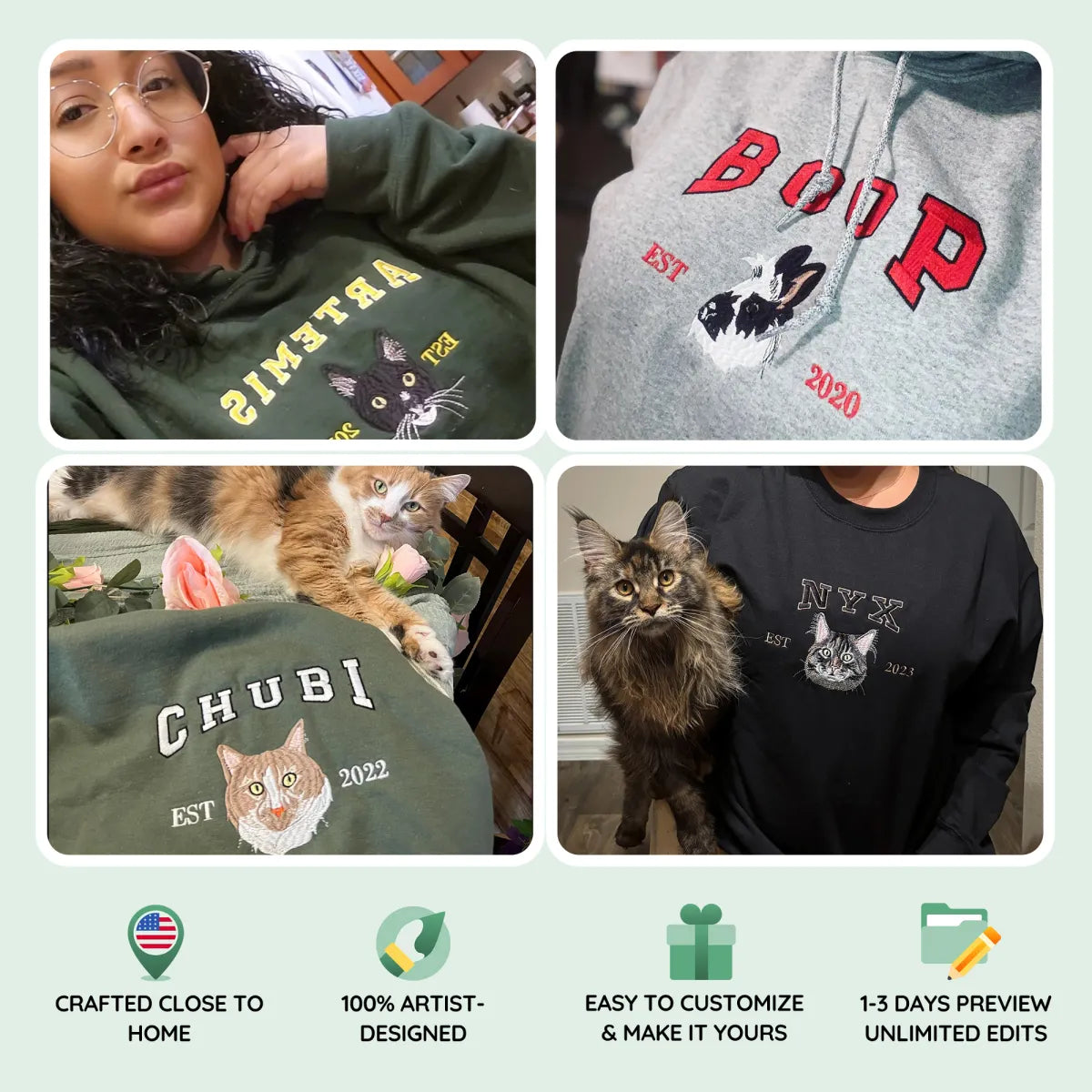 Personalized Varsity Cat Face Embroidered Hoodie with Cat Name