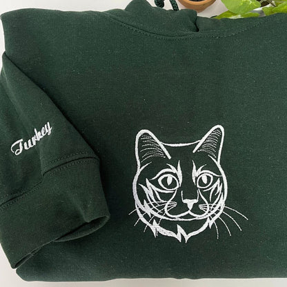 Personalized Cat Face Line Art Embroidered Hoodie