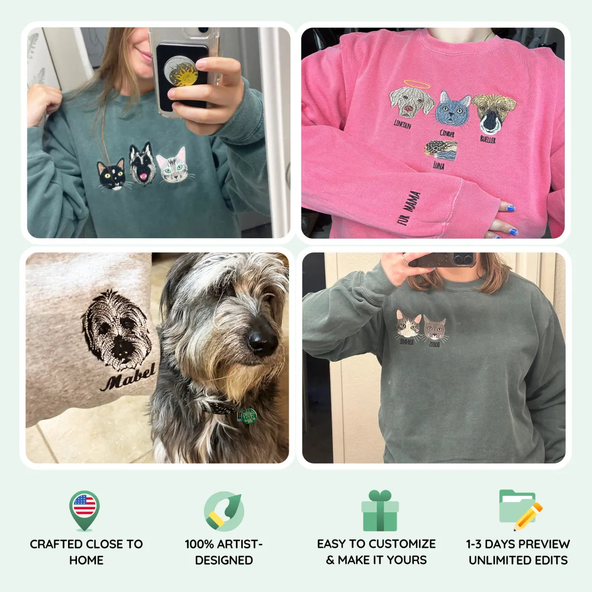Custom Cat Face Colored Embroidered Sweatshirt