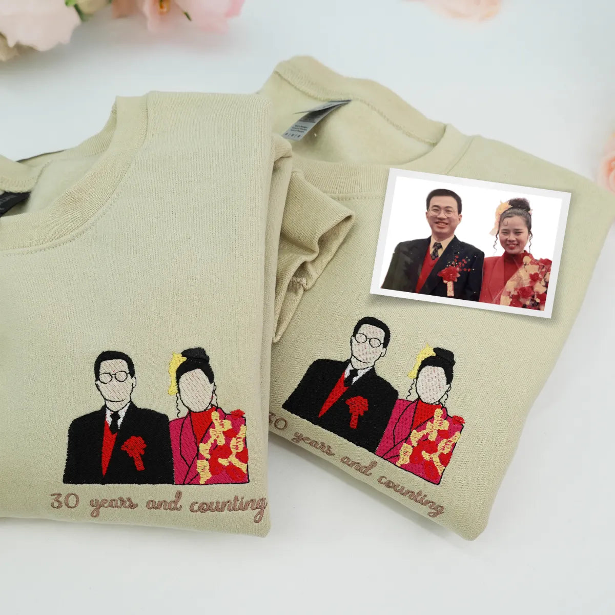 Custom Embroidered Wedding Hoodie & Sweatshirt with Personalized Couple Portrait – Matching Sweatshirts from Photo