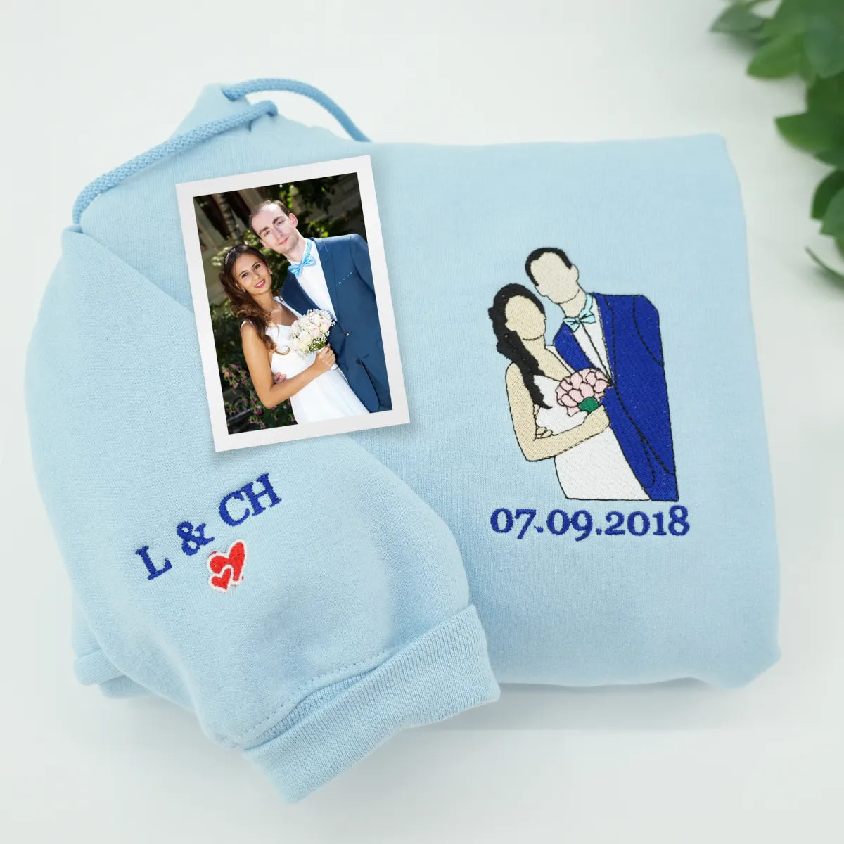 Custom Embroidered Wedding Hoodie & Sweatshirt with Personalized Couple Portrait – Matching Sweatshirts from Photo