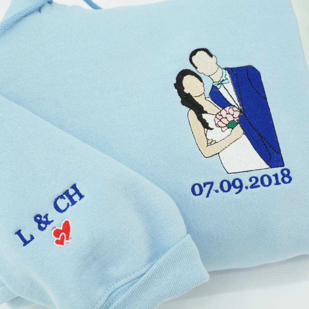 Custom Embroidered Wedding Hoodie & Sweatshirt with Personalized Couple Portrait – Matching Sweatshirts from Photo