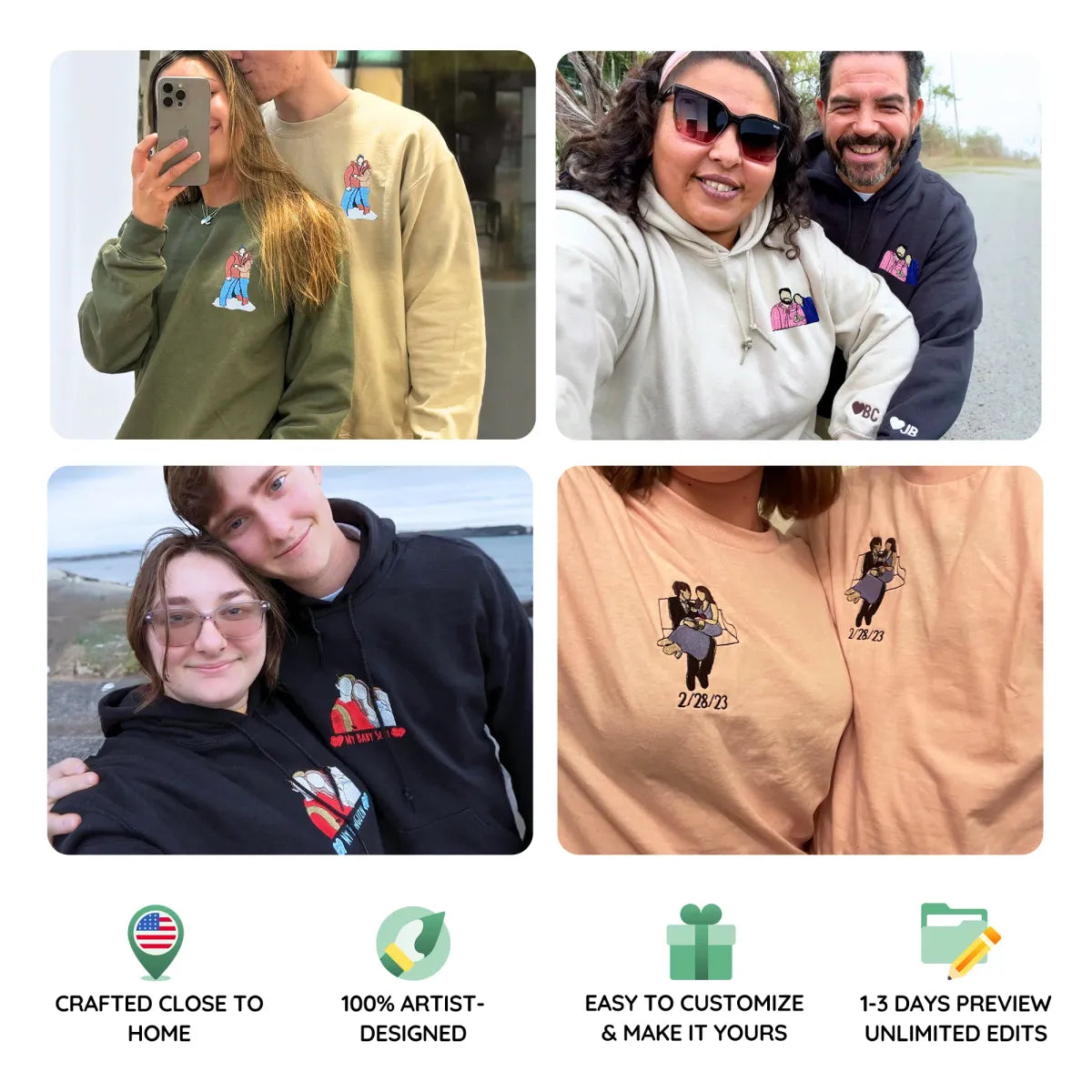 Custom Embroidered Wedding Hoodie & Sweatshirt with Personalized Couple Portrait – Matching Sweatshirts from Photo