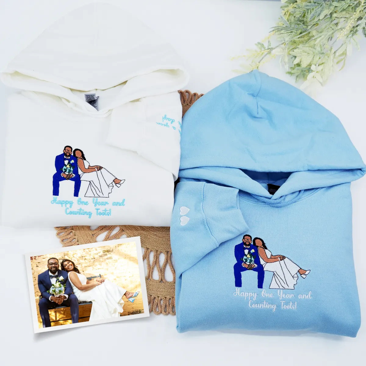 Custom Embroidered Wedding Hoodie & Sweatshirt with Personalized Couple Portrait – Matching Sweatshirts from Photo