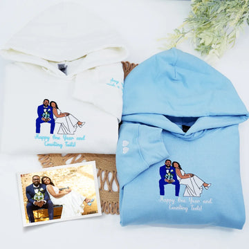 Custom Embroidered Wedding Hoodie & Sweatshirt with Personalized Couple Portrait – Matching Sweatshirts from Photo