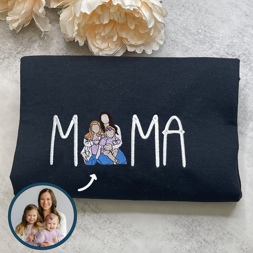 Custom Embroidered Mama Portrait Sweatshirt & Hoodie with Initial on Sleeve