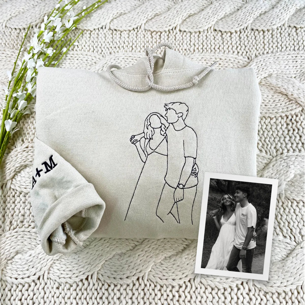 Custom Embroidered Sweatshirts & Hoodies with Personalized Outline Couple Portrait from Photo