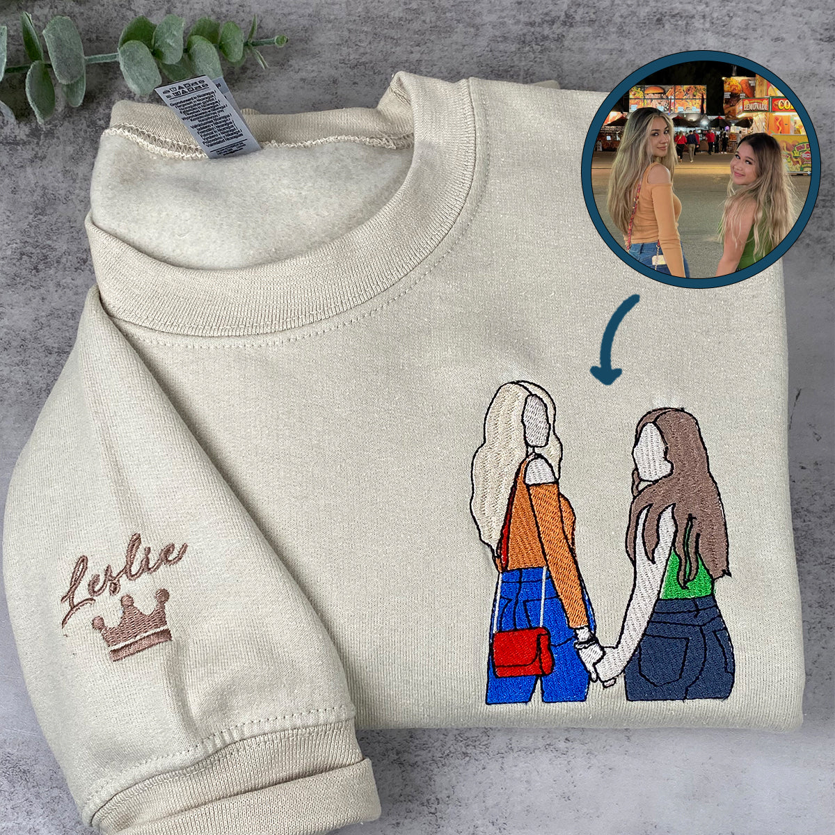 Custom Embroidered Best Friends Sweatshirt Hoodie with Photo & Name on Sleeve