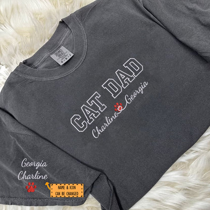 Custom Embroidered Cat Dad with Names T-Shirt