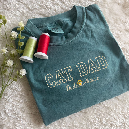 Custom Embroidered Cat Dad with Names T-Shirt