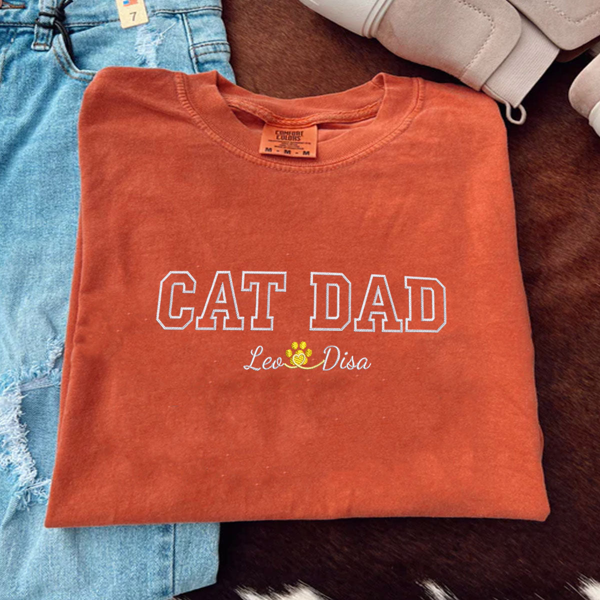 Custom Embroidered Cat Dad with Names T-Shirt