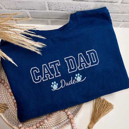 Custom Embroidered Cat Dad with Names T-Shirt